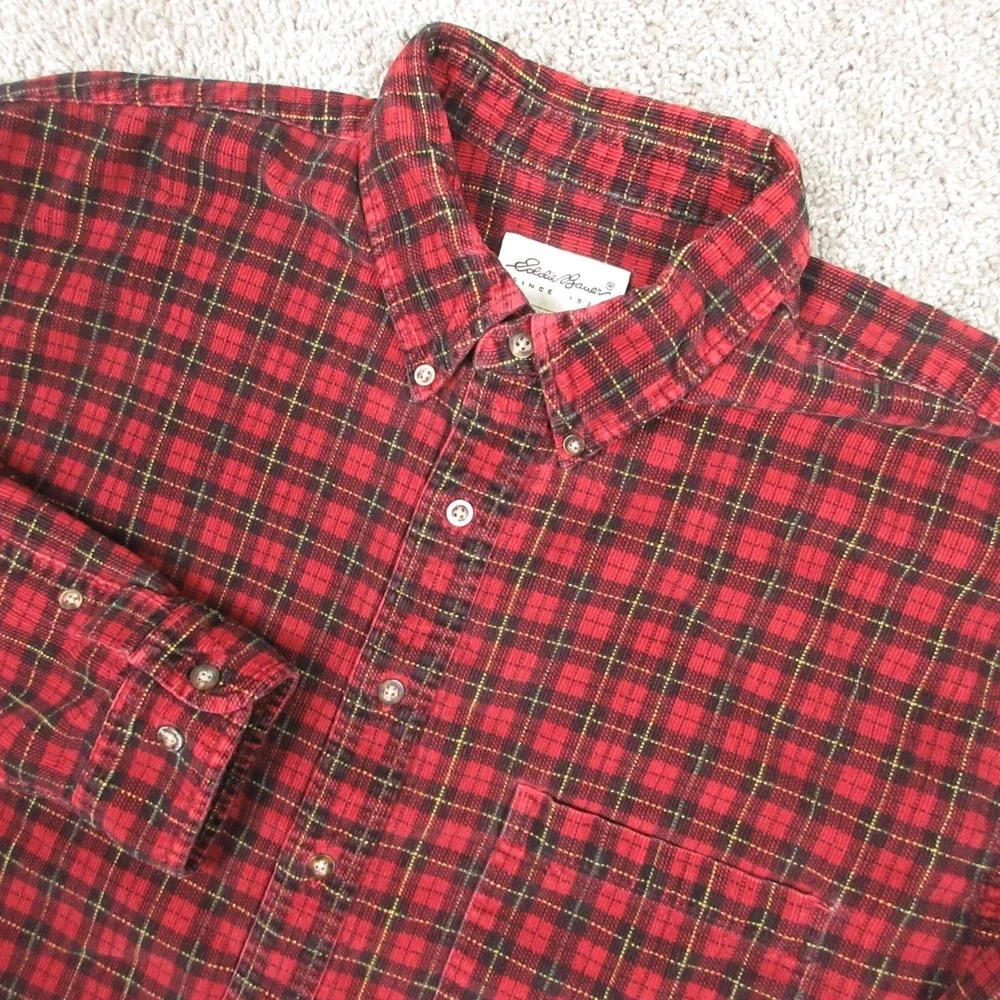Vintage Eddie Bauer Shirt Men XL Red Plaid Corduroy Outdoor Lumberjack Button Up
